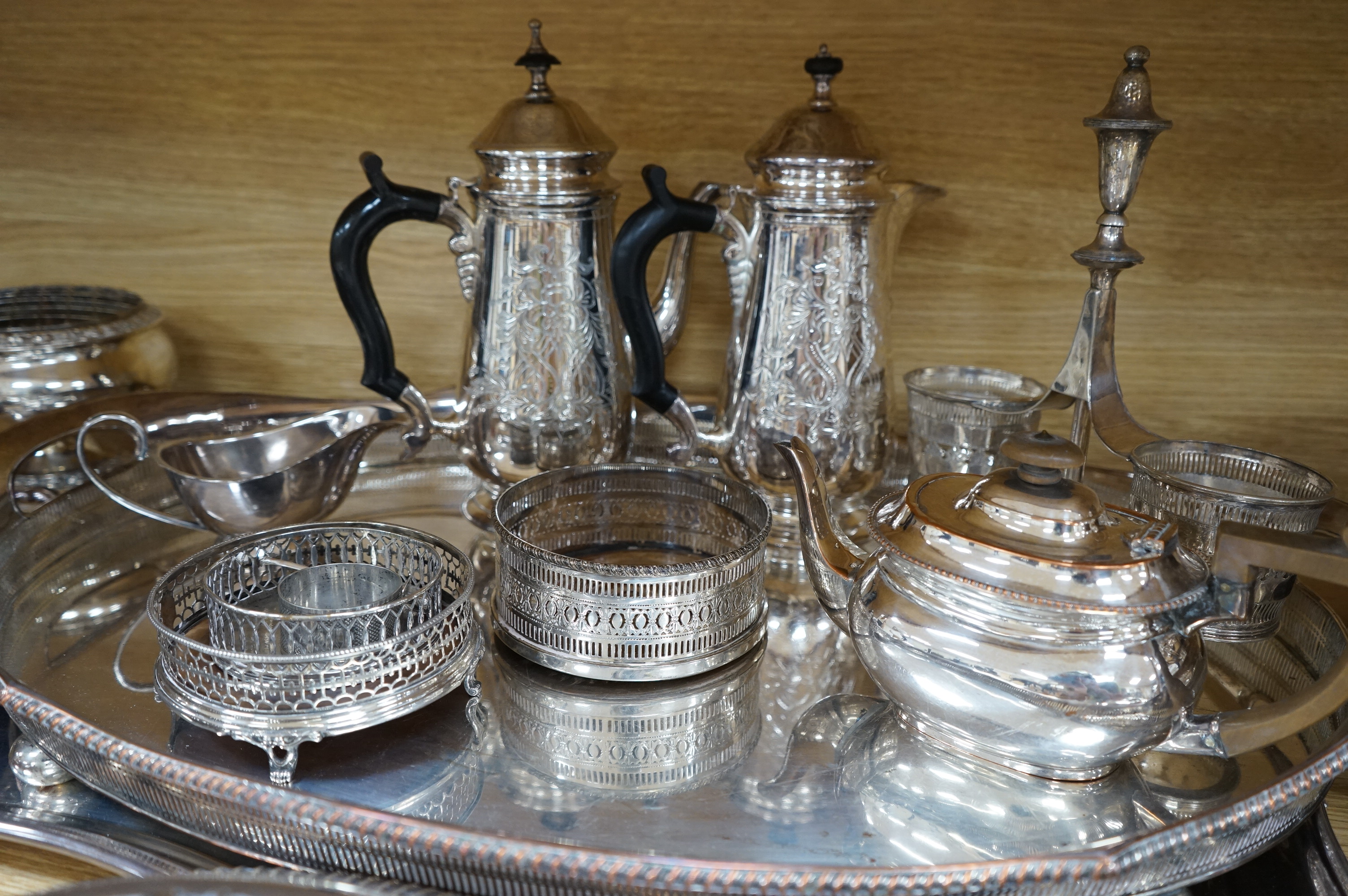 A quantity of plated wares, two trays three entree dishes, coasters and coffee pots etc, oval tray 64cm wife. Condition - good